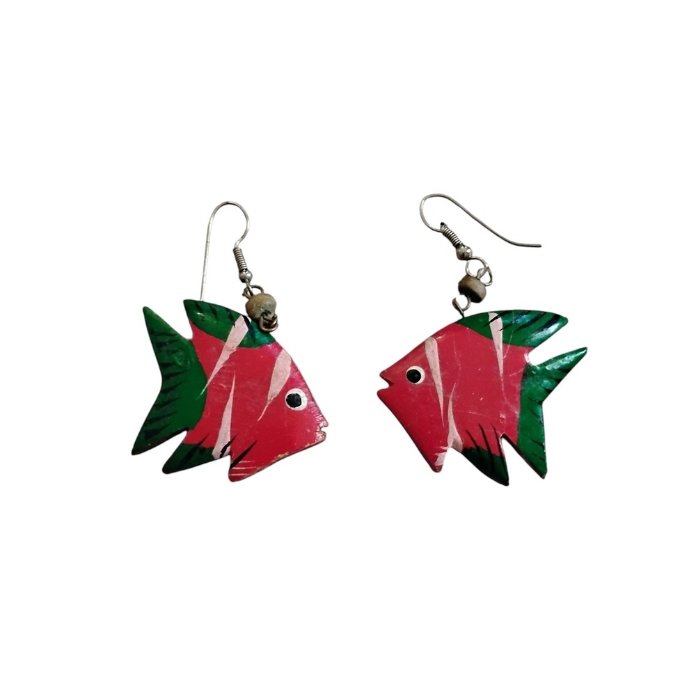 Vintage 80s Hand Painted Wooden Tropical Fish Earrings Red Green Angelfish Drop